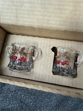 Vintage Glass Creamer and Sugar Set with Red Cherry Motif
